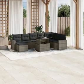 9 pcs conjunto sofás p/ jardim com almofadões vime PE cinzento