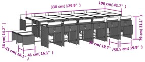 17 pcs conj. jantar jardim c/ almofadões vime PE cinzento-claro