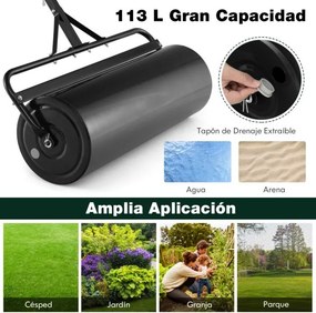 Rolo de relva metálico empurrar/puxar água/enchimento 113 L com pega amovível 99 x 40 x 146 cm Preto