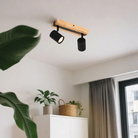 Candeeiro de teto preto com madeira 2 luzes ajustável retangular - Jeana