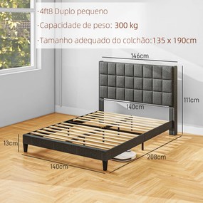 Estrutura de Cama 135x190 cm com Cabeceira Estofada em Linho e Espaço de Armazenamento Debaixo da Cama Cinza