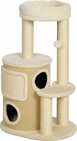 PawHut Arranhador para Gatos 90cm Multinível com 4 Postes em Sisal, 2 Tocas, Cama, Pompom, Tapete, Bege | Aosom Portugal