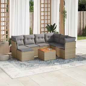 8 pcs conj. sofás jardim c/ almofadões vime PE bege misturado