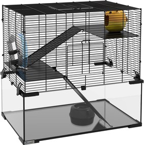 PawHut Gaiola para Hamster com Fundo de Vidro Plataformas Comedouro Bebedouro Casa Rampas e Roda de Exercício 60x40x54,5 cm Preto | Aosom Portugal