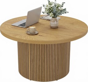 Mesa de centro redonda em madeira Ø 80 x 45 cm, mesa de sala com base canelada, estilo moderno, efeito de madeira natural