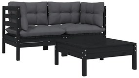 3 pcs conjunto lounge jardim c/ almofadões pinho maciço preto