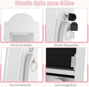 Armário para joias infantil 30,5 x 30,5 x 117,5 cm com espelho de corpo inteiro e 4 luzes com sensor estilo princesa Branco