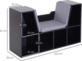 Banco-biblioteca 2 em 1 com almofadas de assento, prateleira em forma de cubo com 6 compartimentos abertos e 2 níveis, móvel de arrumação para sala de