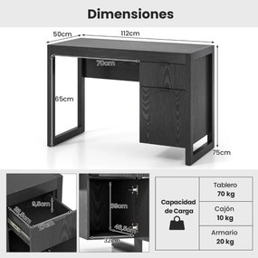 Secretária para computador 112 x 50 x 75 cm com armário e gaveta, painel espesso, estrutura resistente, superfície lisa, fácil de limpar, para casa ou
