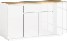 HOMCOM Aparador de Sala de Estar com 4 Portas Gaveta e Prateleiras Ajustáveis 140x40x75 cm Madeira e Branco Brilhante | Aosom Portugal