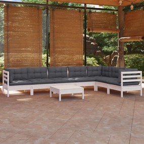 8 pcs conj. lounge de jardim c/ almofadões pinho maciço branco