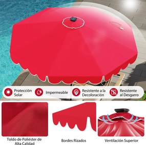 Guarda-sol de pátio de 300 cm com 24 luzes LED, parte superior ventilada, folhos e ajuste de inclinação, Vermelho