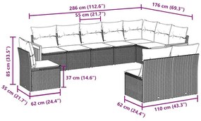 10 pcs conjunto sofás de jardim c/ almofadões vime PE preto