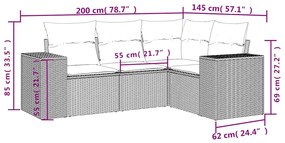 4 pcs conj. sofás jardim c/ almofadões vime PE cinzento-claro