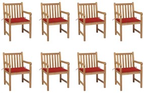 vidaXL Cadeiras de jardim c/ almofadões vermelho 8 pcs teca maciça