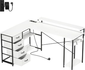 Secretária de canto com 4 gavetas com tomdas 155x112x85,5-91,5 cm Branco