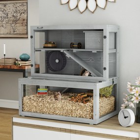 Gaiola de madeira para hamsters 80 x 50 x 84 cm, 3 níveis com casinha, roda, rampas, painel transparente, espaços separados, cinzenta