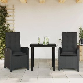 3 pcs conjunto de jantar p/ jardim c/ almofadões vime PE preto