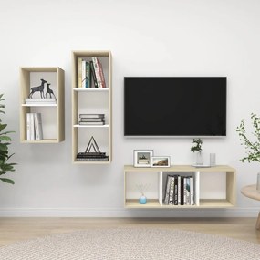 3 pcs conjunto móveis de TV contraplacado branco e carv. sonoma