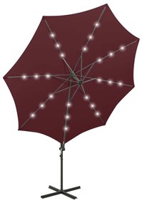 Guarda-sol jardim cantilever c/ poste e luzes LED 300 cm bordô
