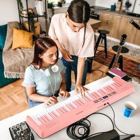 Teclado musical dobrável de 61 teclas, piano eletrónico com fones de ouvido e pedal portátil com bolsa para iniciantes Rosa
