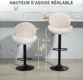 Conjunto de 2 bancos de bar em forma de concha, com encosto, altura ajustável e apoio para os pés, estrutura em aço, bege