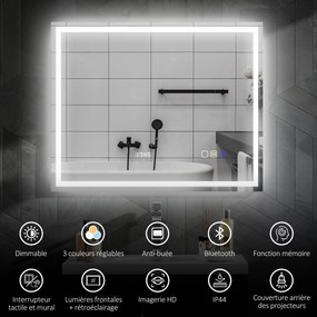 Espelho de casa de banho LED com Bluetooth, 80 x 100 cm, interruptor tátil, luz regulável, 3 cores, antiembaciamento, memória, prateado