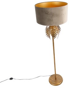 Candeeiro de pé vintage dourado 145 cm com abajur em veludo castanho 50 cm - Botanica Rústico