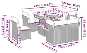 9 pcs conjunto de sofás p/ jardim c/ almofadões vime PE preto