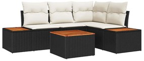 Conjunto de Sofá de Jardim de 5 Peças com Almofadas Pretas em Rattan S