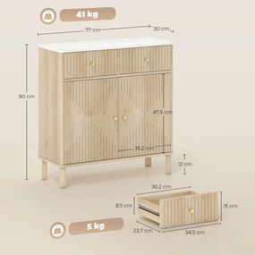 Aparador, móvel de arrumação 77 x 30 x 80 cm com ranhuras e tampo com efeito de mármore, 2 gavetas, 2 portas, prateleira ajustável, cor carvalho