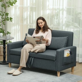 Sofá 2 Lugares Estofado em Linho Sintético com 2 Almofadas Espaço de Armazenamento Bolsos Laterais 135x71x84 cm Cinza Escuro