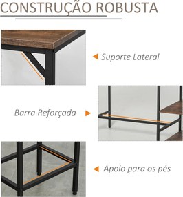Conjunto de mesa de bar e 2 bancos com apoio para os pés e prateleiras de 3 níveis 109x60x100 cm castanho rústico