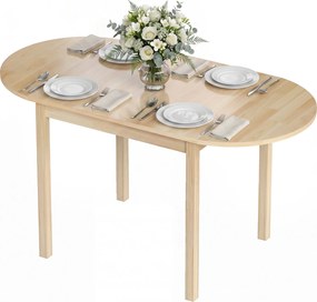 Mesa de jantar dobrável oval em madeira maciça 140 x 70 x 75 cm, com 2 abas (CADEIRAS NÃO INCLUIDAS), que ocupa pouco espaço,  Cor: natural