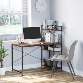 Secretária de canto com arrumação 120 C x 64 L x 121 A cm, estilo industrial, com estante de 3 prateleiras em aglomerado com acabamento em cor nogueir