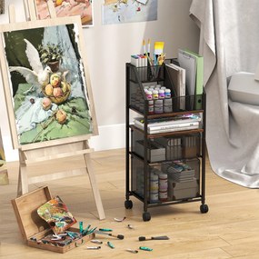 Carrinho de Armazenamento para Escritório, 37 x 26 x 84 cm, Rodas com Travão, Preto