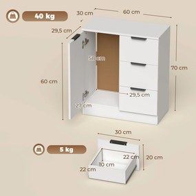 Aparador Estreito com Porta e 3 Gavetas 60x30x70 cm para Entrada ou Sala Branco