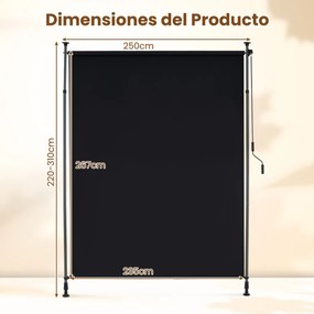Toldo retrátil vertical 250 x 220-310 cm enrolável para exterior com altura ajustável com manivela para varanda ou piscina Preto