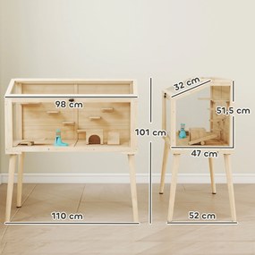 Gaiola para hamsters, habitat para roedores 110 x 52 x 101 cm, em madeira FSC, com teto abrível, 7 plataformas, 2 Baloiços, com efeito de madeira natu