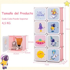 Guarda roupa infantil portátil 71 x 35,5 x 142 cm com 8 cubos com 2 secções para pendurar roupa 71 x 35,5 x 142 cm Rosa
