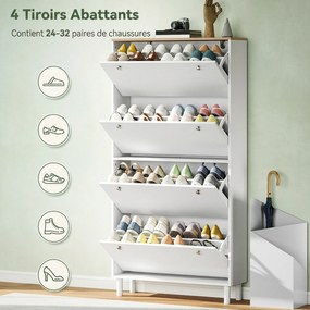 Sapateira para 32 Pares, 80 x 23,5 x 157 cm, 4 Gavetas Basculantes, Branco e Carvalho