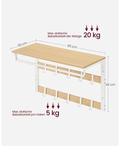 Bengaleiro de parede com prateleira e 10 ganchos amovíveis 30 x 65 x 42 cm cor de carvalho-branco