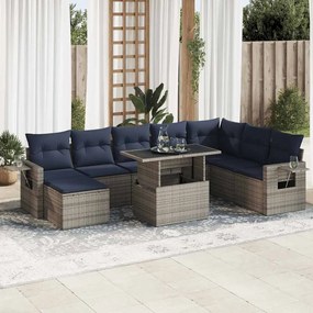 9 pcs conjunto sofás jardim almofadões vime PE/acácia cinzento