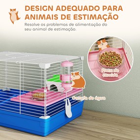Gaiola para Hamster Casa para Roedores com Roda de Exercício Tigela Bebedouro Casinha Rampas para Gerbos 47x30x27 cm Azul