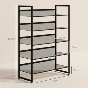 Sapateira Estreita de 5 Níveis em Aço para 15 Pares, 72 x 30 x 102 cm Preta