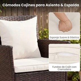 Conjunto de jardim de 3 peças: cadeiras de vime castanho misto com mesa de vidro temperado de dupla camada Castanho com almofadas brancas
