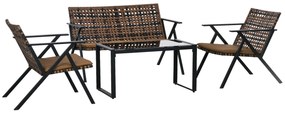 Conjunto de Jardim de 4 Peças em Vime Sintético com 2 Poltronas 1 Sofá de 2 Lugares e 1 Mesa de Vidro Castanho e Preto