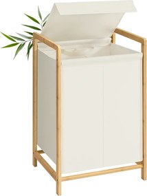 Cesto para roupa suja 100L, 45 x 40 x 78 cm com estrutura em bambu e dois compartimentos creme