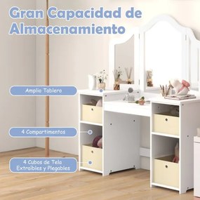 Toucador Princesa para crianças com 4 prateleiras grandes e espelho de plástico com 3 painéis Carga 100 kg 107 x 40 x 117 cm Branco