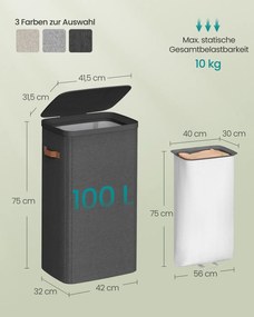 Cesto de roupa suja prático com compartimentos e tampa 42 x 32 x 75 cm Preto